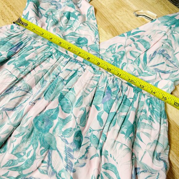 Olivaceous Womens Leaf Print V-Neck Tie Sleeve Pleated Fit & Flare Dress Large - Picture 8 of 10